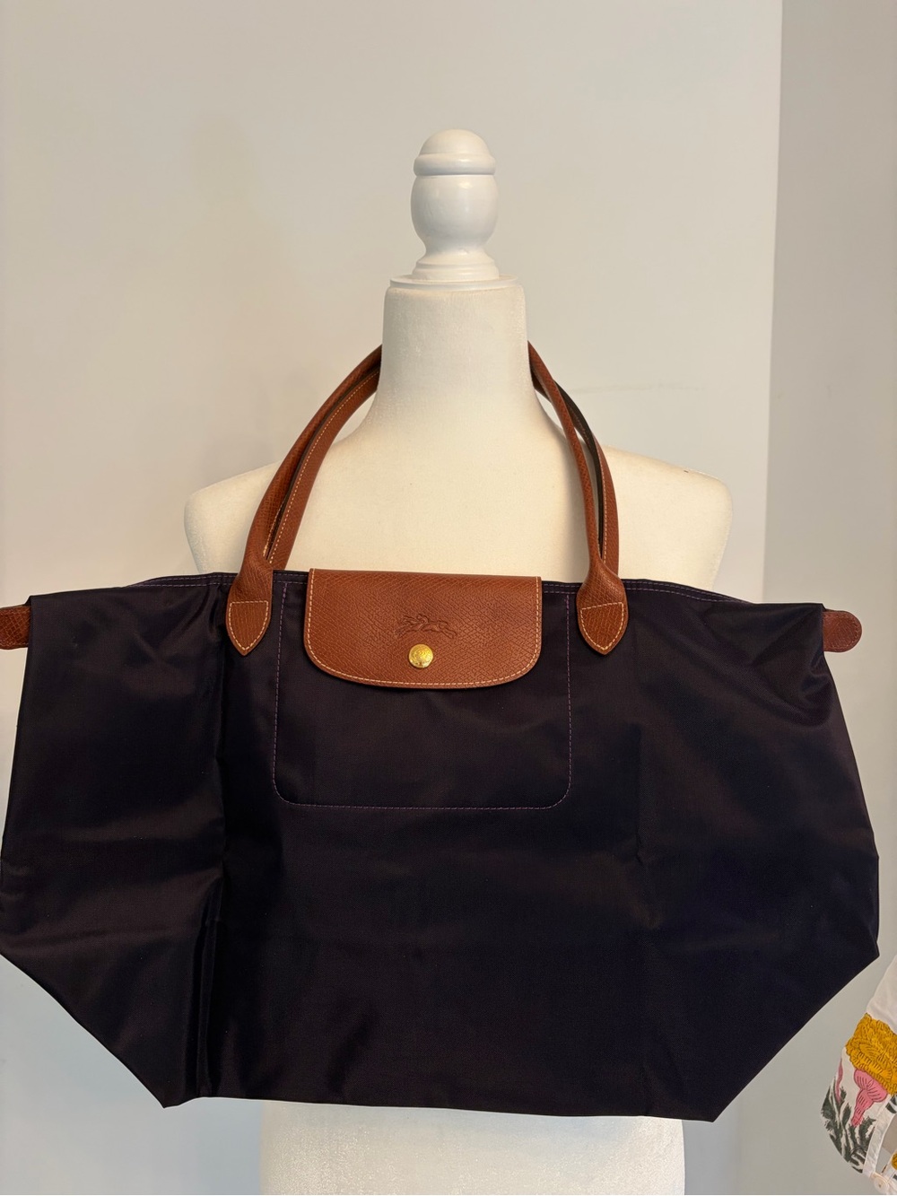 Longchamp Bilberry Nylon Tote with Brown Leather Trim
